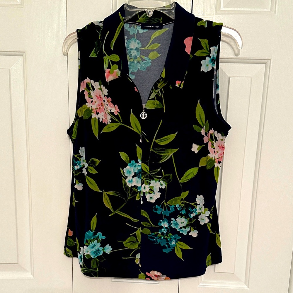 Tommy Hilfiger women's zip polo, Navy Floral, Sleeveless, L